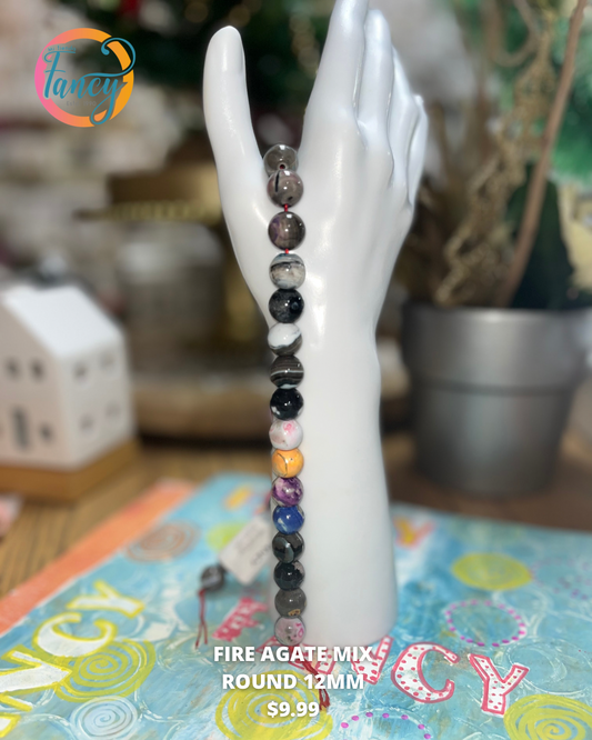 FIRE AGATE MIX GRAY, PINK ROUND 12MM 1 STRAND