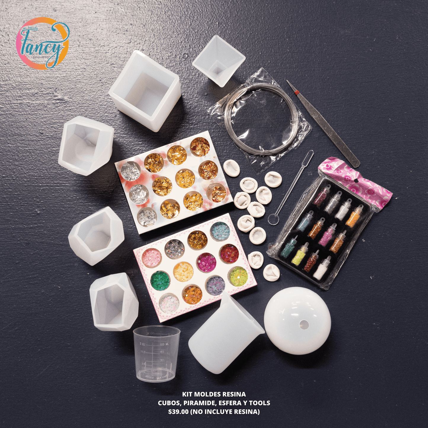 KIT MOLDES RESINA CUBOS, PIRAMIDE, ESFERA Y TOOLS