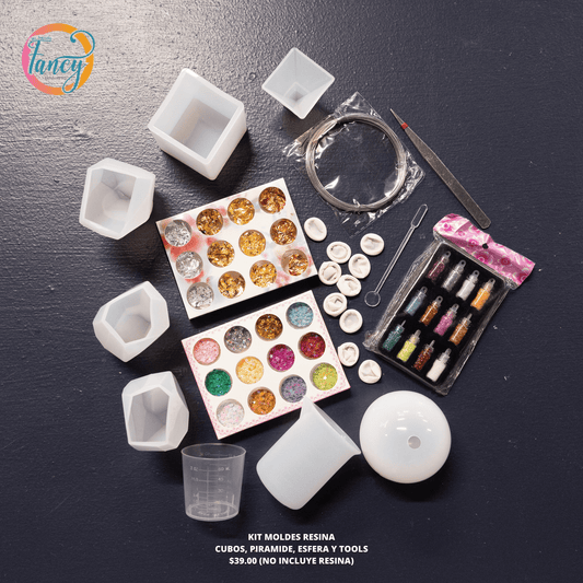 KIT MOLDES RESINA CUBOS, PIRAMIDE, ESFERA Y TOOLS