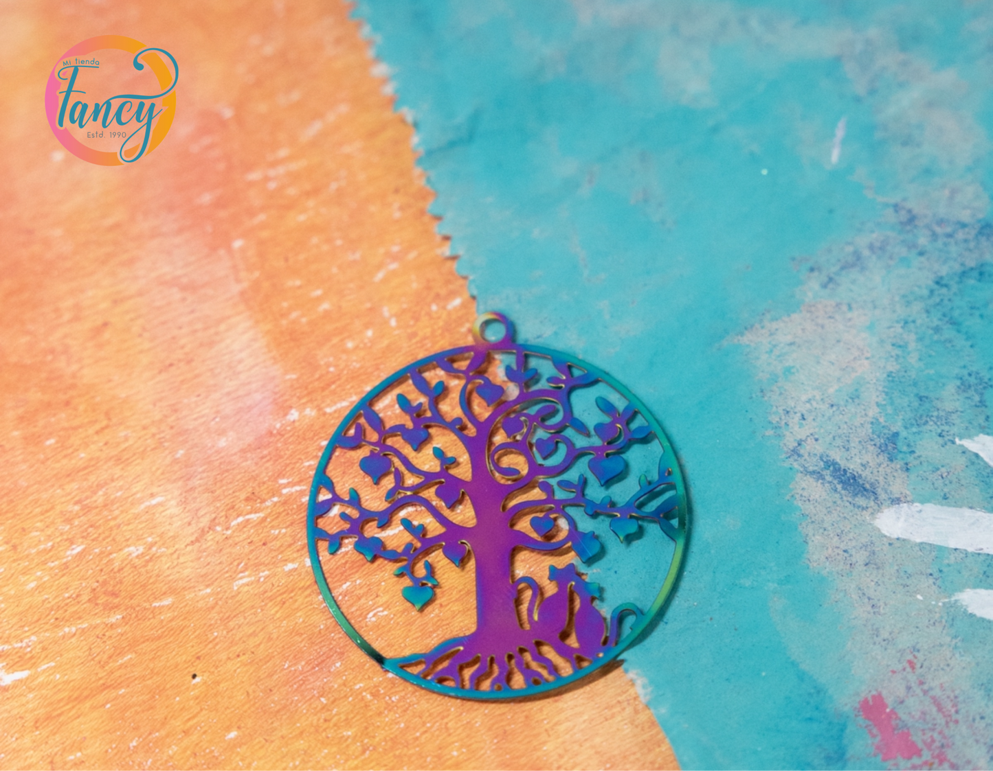 PENDANT CIRCLE WITH TREE OF LIFE  RAINBOW 1 PC