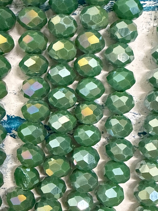 GLASS RONDELLE 8MM DARK GREEN OPAQUE AB 1 STRAND