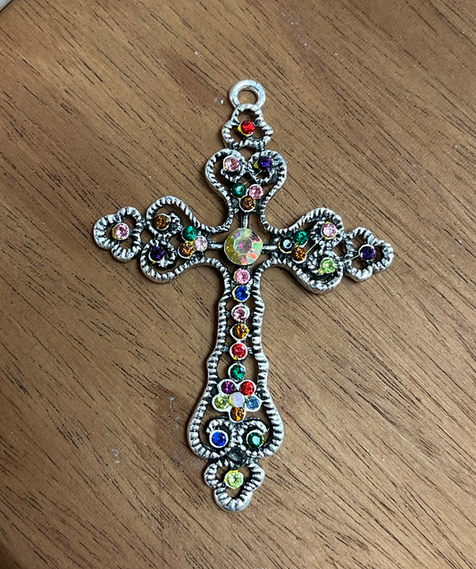 CROSS ANTIQUE SILVER MULTICOLOR RHINESTONES 69 MM 1 PC