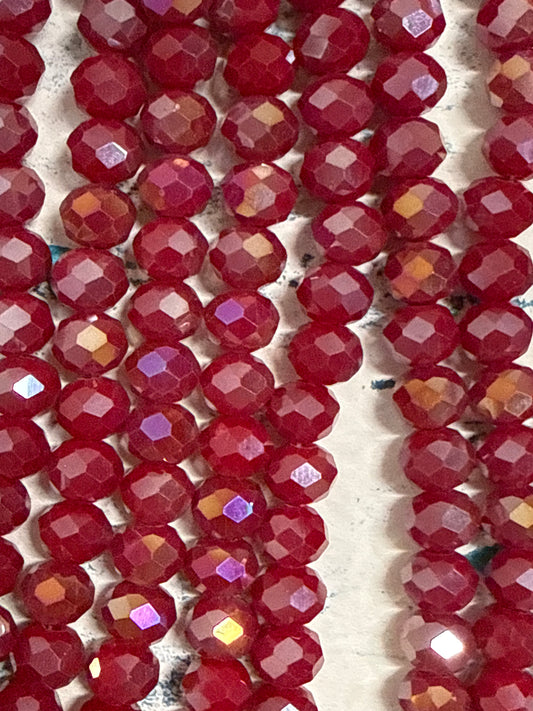 GLASS RONDELLE  8MM BURGUNDY OPAQUE AB 1 STRAND
