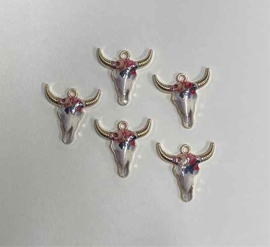 PENDANT OX HEAD ENAMEL FLOWERS 22MM GOLD PLATE  5 PC
