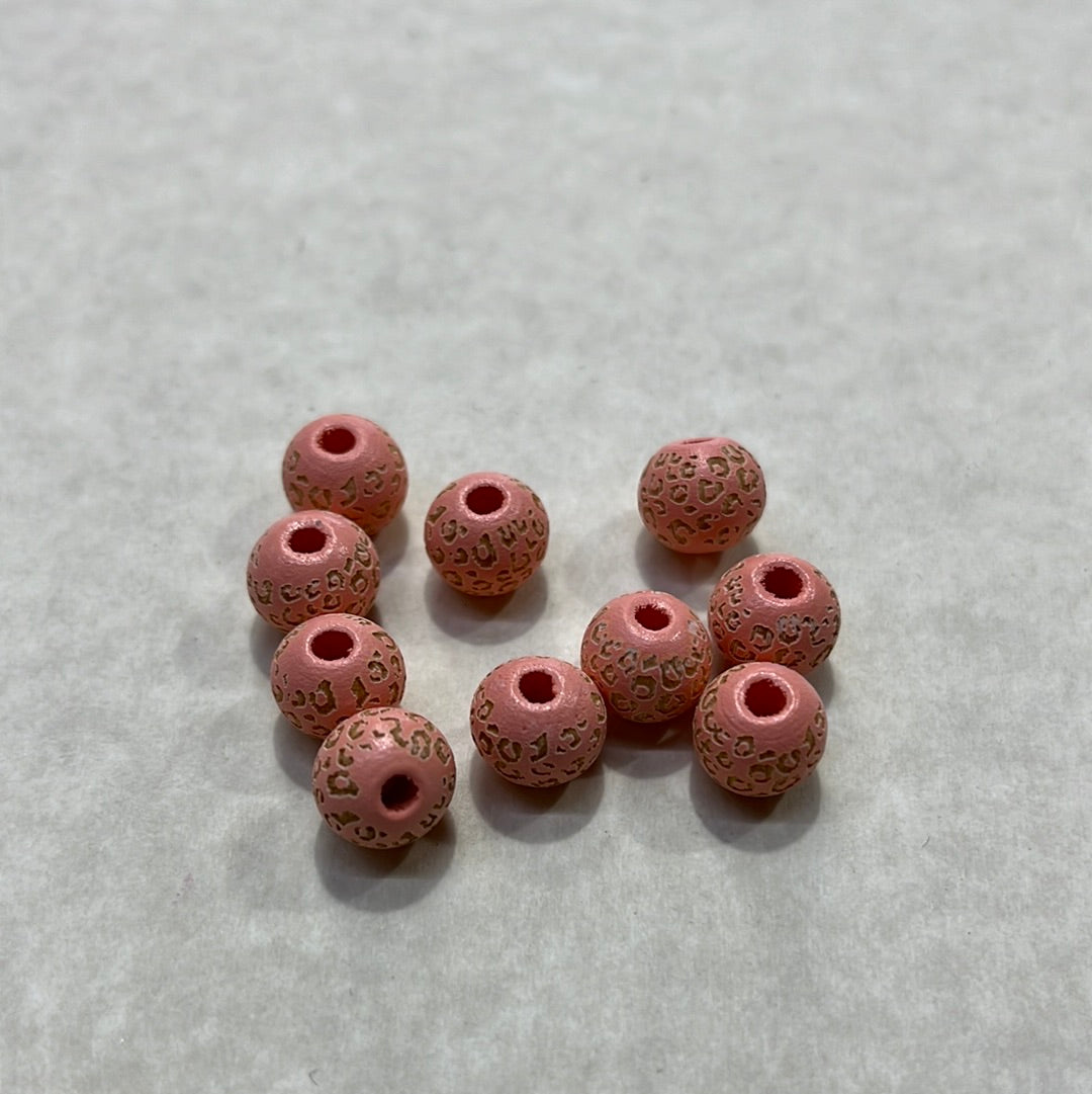 WOOD BEAD 10MM ENGRAVED PATTERN LEOPARD PRINT HOLE 2.5MM  10 PC