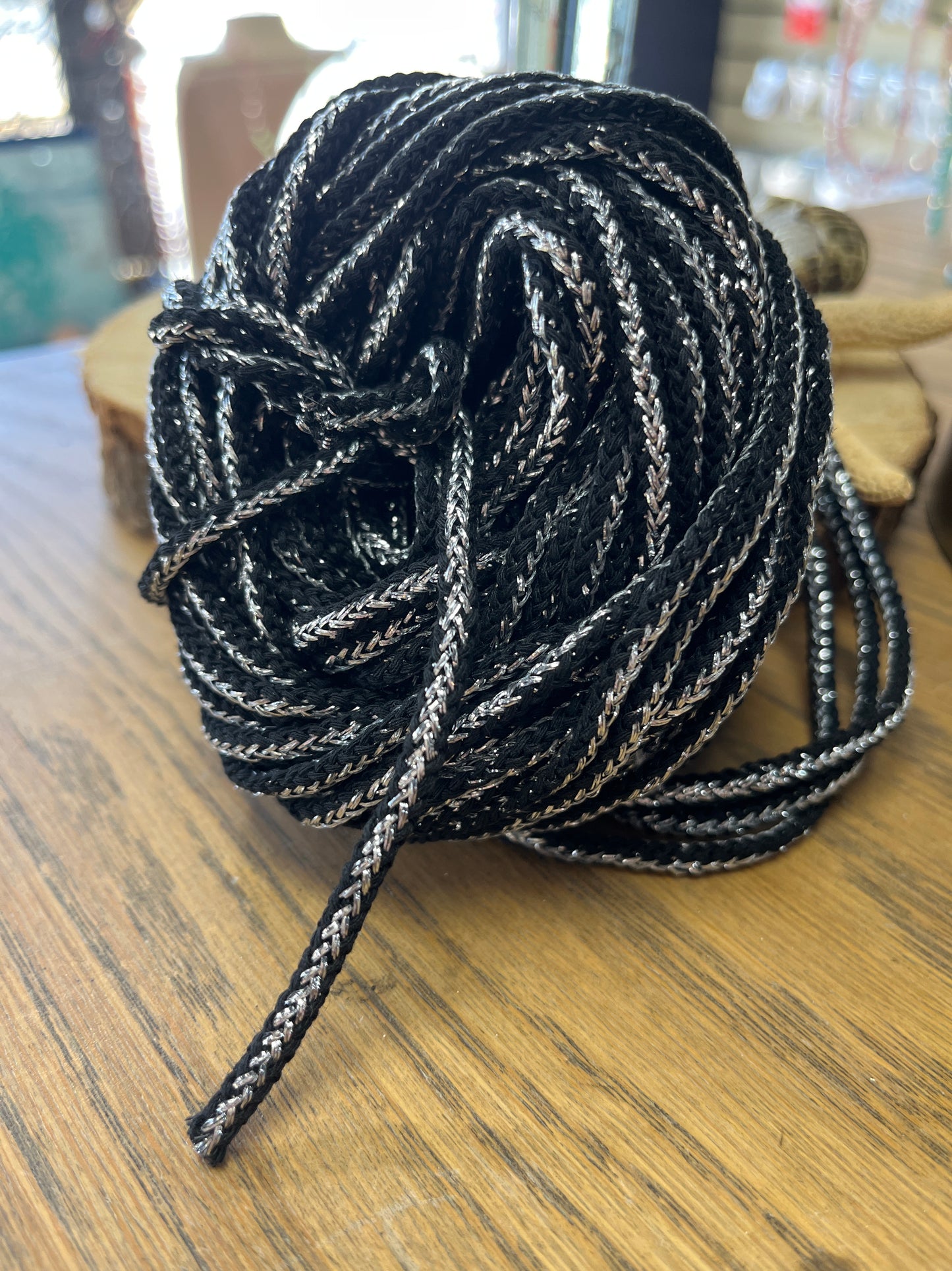 BRAIDED CORD SILVER/BLACK 4MM  5 YARDS