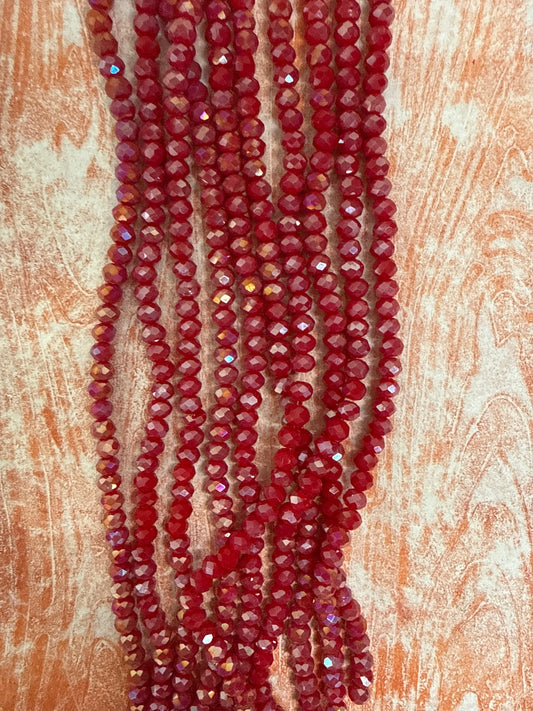 GLASS RONDELLE 6MM CRIMSON OPAQUE AB 1 STRAND
