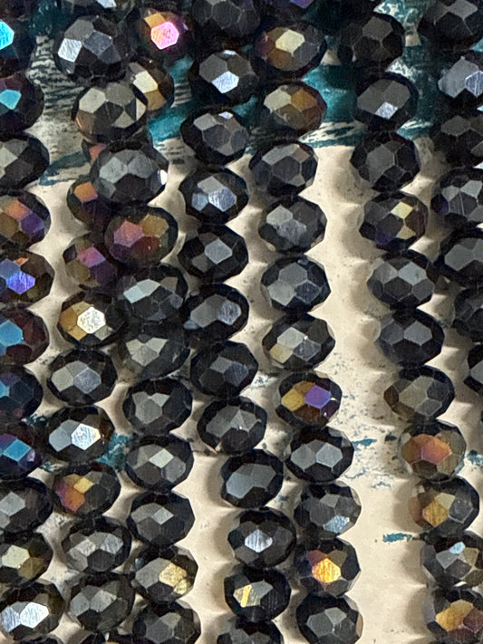 GLASS RONDELLE 8MM BLACK OPAQUE AB 1 STRAND