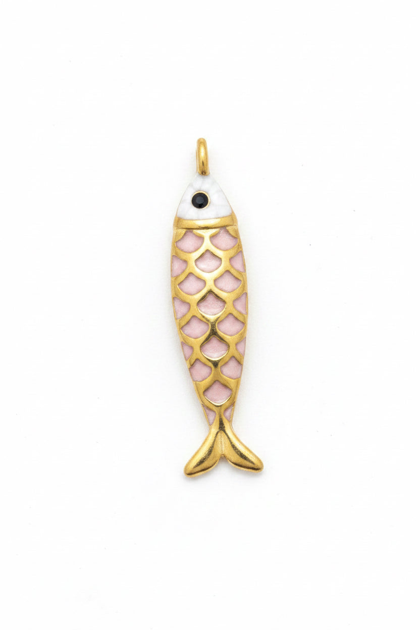 FISH PENDANT 25MM WHITE ENAMEL STAINLESS STEEL GOLD PLATED 1 PC