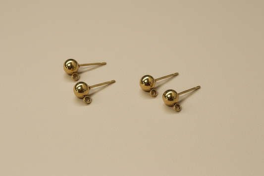 STUD BALL EARRINGS WITH LOOP 17X6MM STAINLESS STEEL GOLD PLATED 18 KT 2 PAIRS