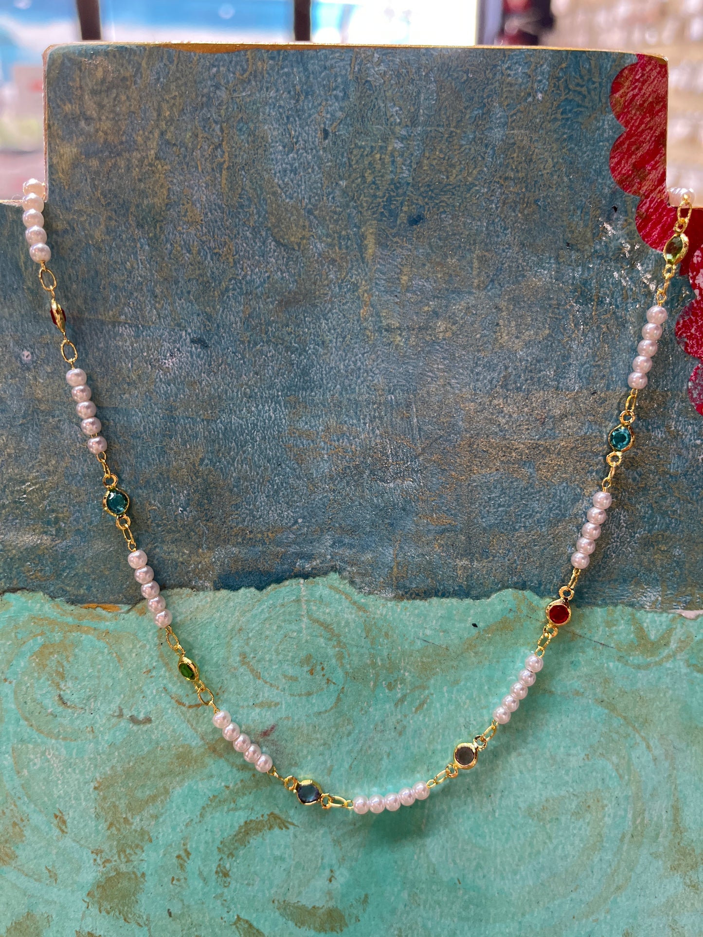 LINK CHAIN GOLD PLATE 18KT WITH PEARLS AND GLASS PER FOOT