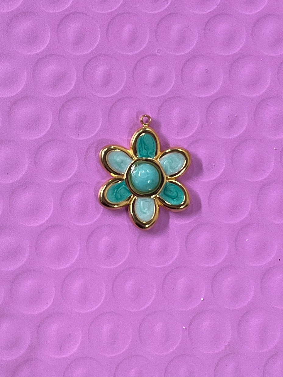 JADE FLOWER PENDANT STAINLESS STEEL GOLD PLATED 18K BLUE ENAMEL 1PC