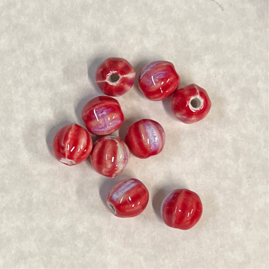 PORCELAIN BEAD ROUND PUMPKIN 11MM ANTIQUE RED GLAZE  10 PC