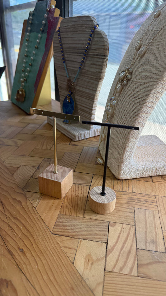 JEWELRY DISPLAY T BAR WOODEN BASE BLACK OR GOLD METAL 1 pc