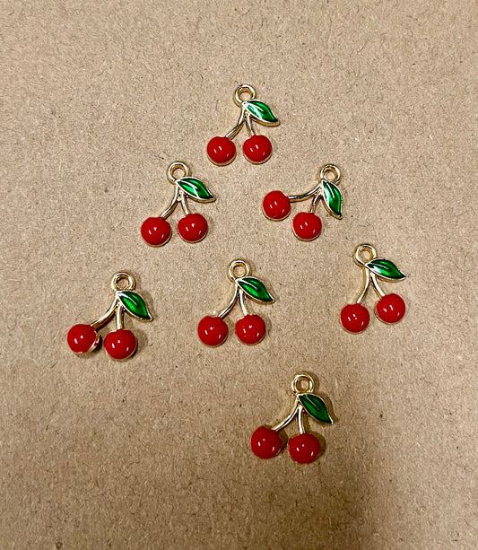 CHARM RED CHERRIES 13X12 MM  GOLD PLATE 5 PC
