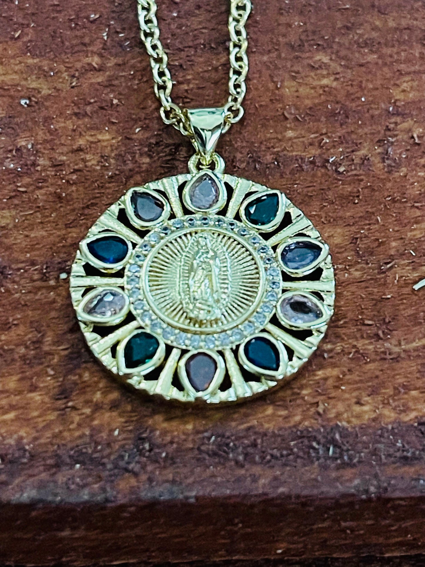 MEDAL OUR LADY OF GUADALUPE ROUND WITH MULTI BORDER CUBIC ZIRCONIA 1 PC