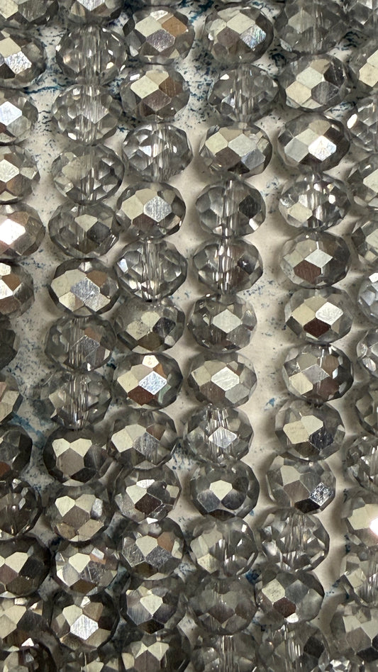 GLASS RONDELLE 8MM CLEAR HALF SILVER PLATED  1 STRAND