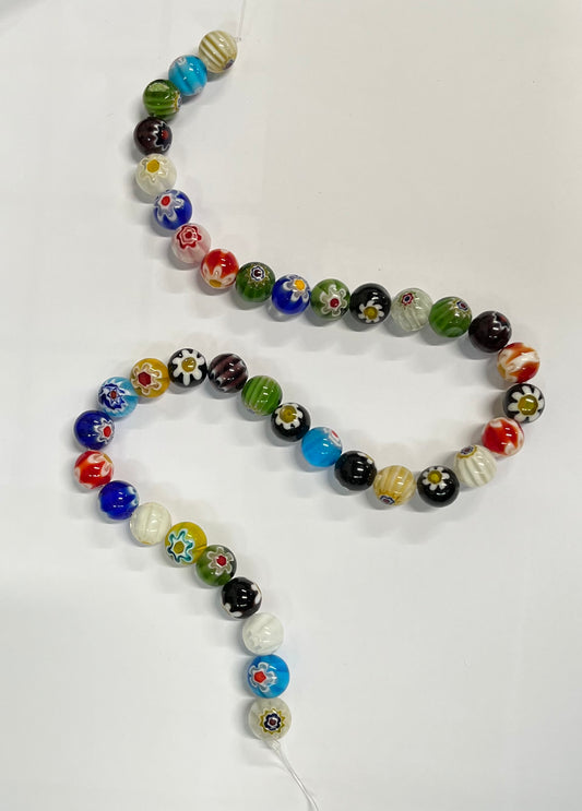 MILLEFIORI GLASS  BEADS 10 MM ROUND MIXED COLORS 1 STRAND