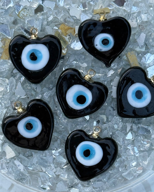 CHARM LAMPWORK HEART EVIL EYE BLUE BLACK 2 PC