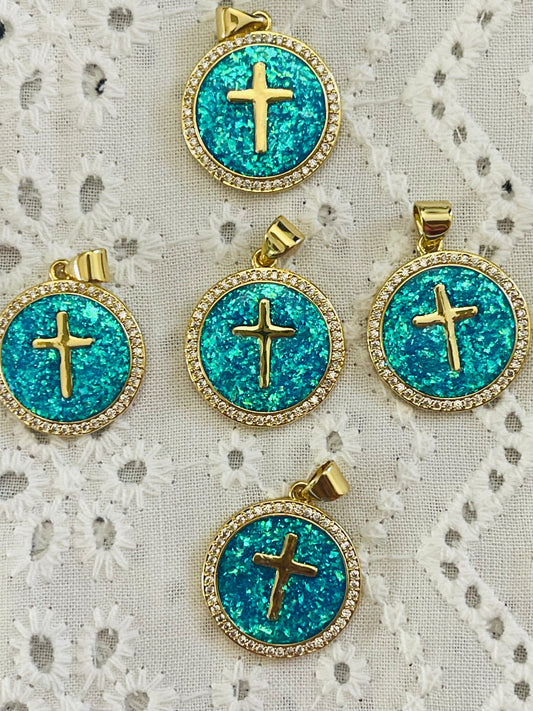 MEDAL PENDANT ROUND OPAL BLUE WITH GOLD CROSS 1 PC