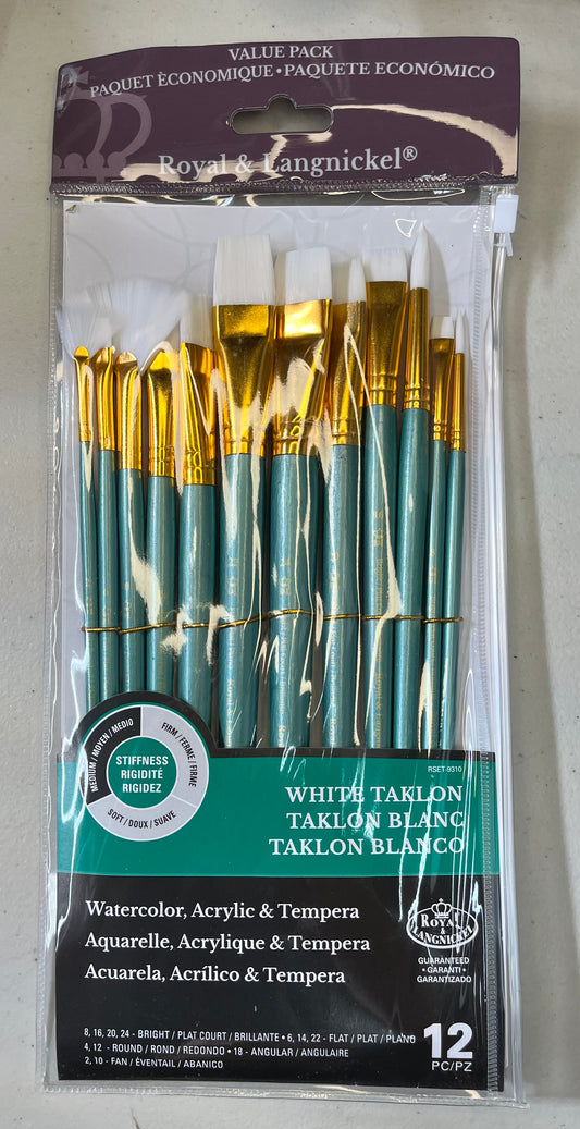 BRUSH SET 12 PC FLATS AND ROUNDS WHITE TAKLON