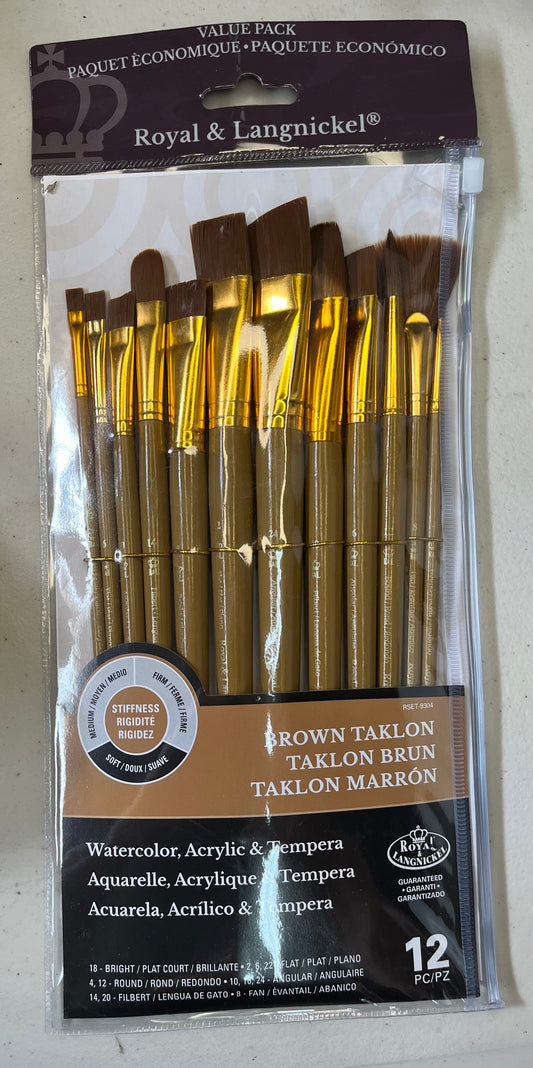 BRUSH SET 12PC FLATS, ROUNDS & ANGLES BROWN TAKLON