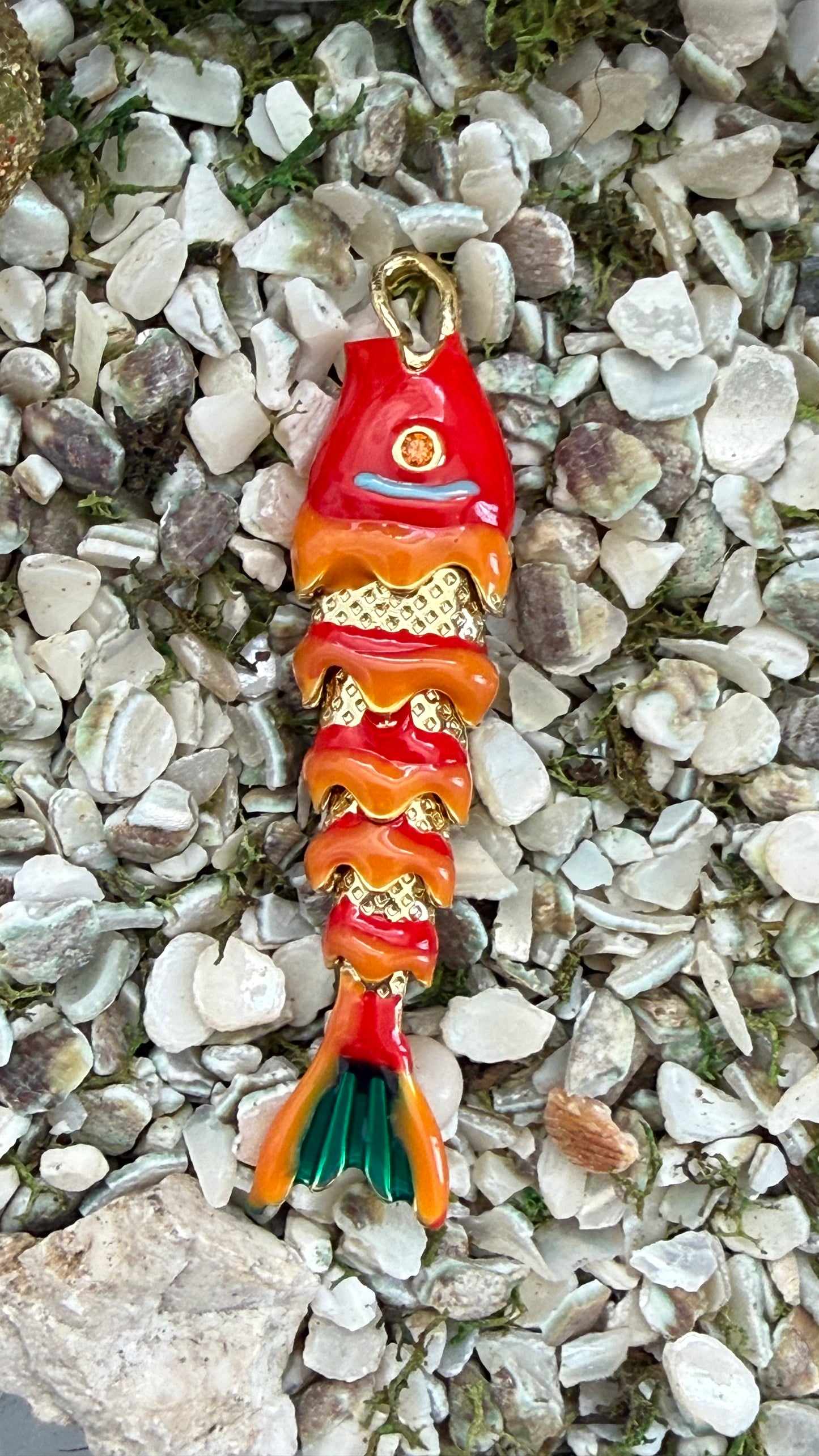 FISH PENDANT 46MM RED AND green ENAMEL GOLD PLATED 1 PC