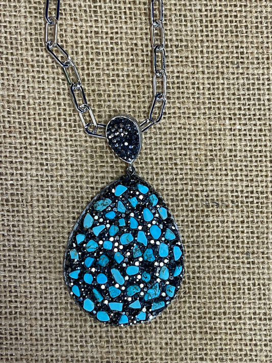 PENDANT TURQUOISE BLACK RHINESTONES DROP SHAPE 84MM 1 PC