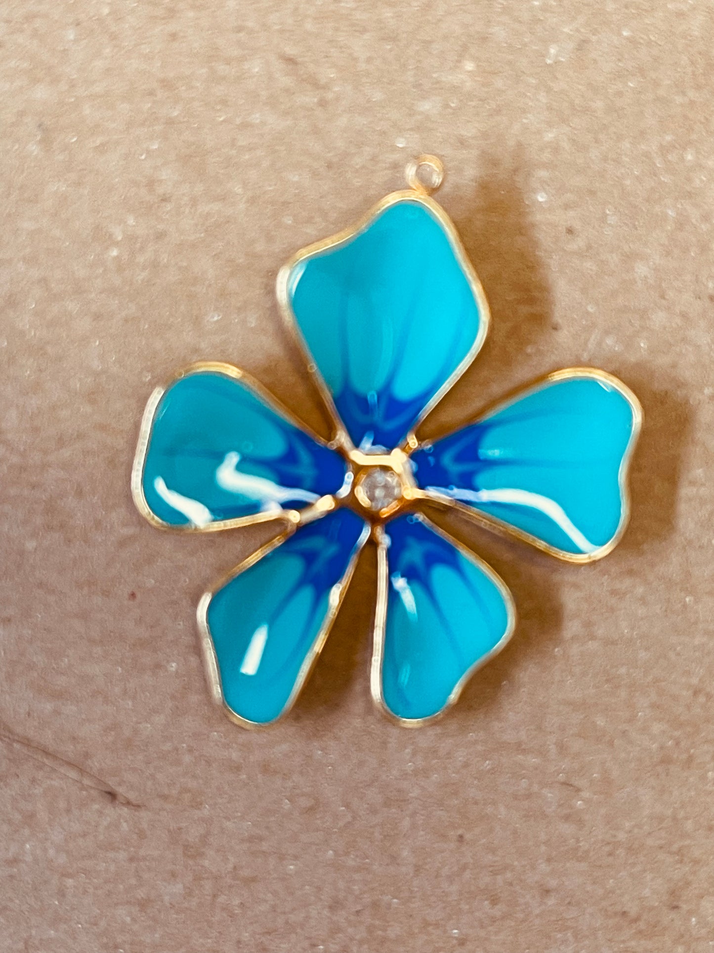 Pendant flower blue enamel with rhinestone gold plate 18kt 37 mm 1 pc