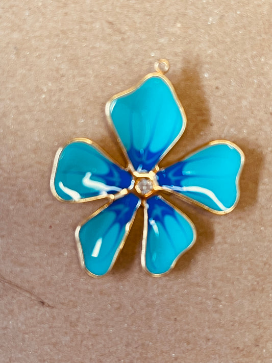 Pendant flower blue enamel with rhinestone gold plate 18kt 37 mm 1 pc