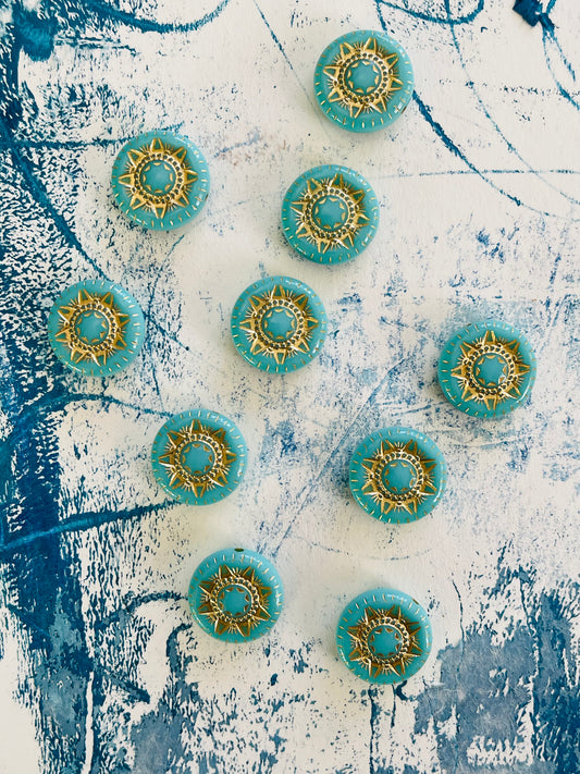 BEAD TURQUOISE-GOLD ACRYLIC FLAT ROUND 17X6MM 10 PC