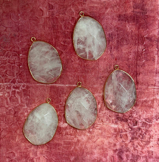 PENDANT NATURAL QUARTZ DROP  GOLD PLATE RIM 44 MM 1 PC