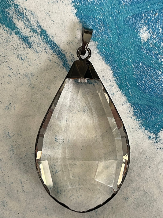 PENDANT GLASS 51X30MM FACETED GUNMETAL 1 PC