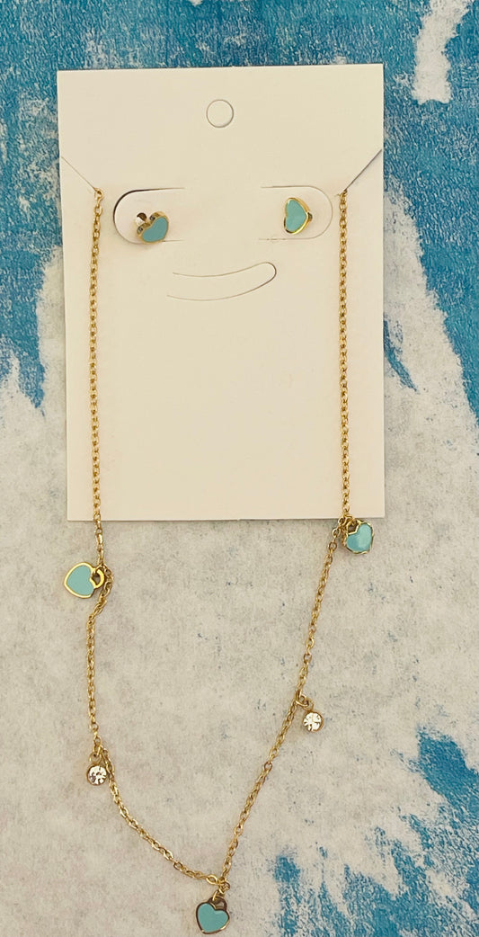 CHAIN NECKLACE SET WITH STUD HEART EARRINGS BLUE ENAMEL