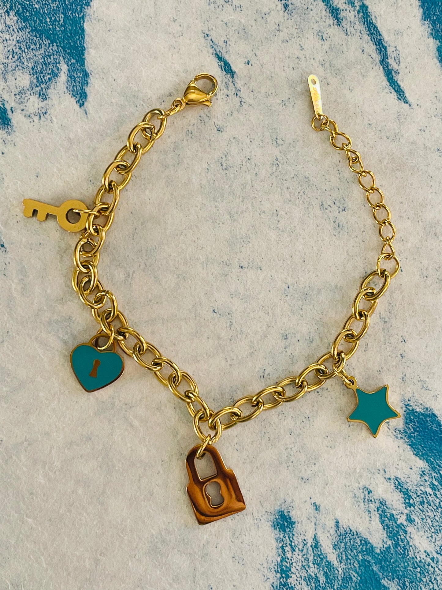 Bracelet stainless steel gold plate rolo chain enamel charms