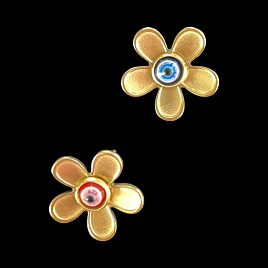 PENDANT FLOWER STAINLESS STEEL GOLD WITH RESIN EYE RED OR BLUE 1 PC