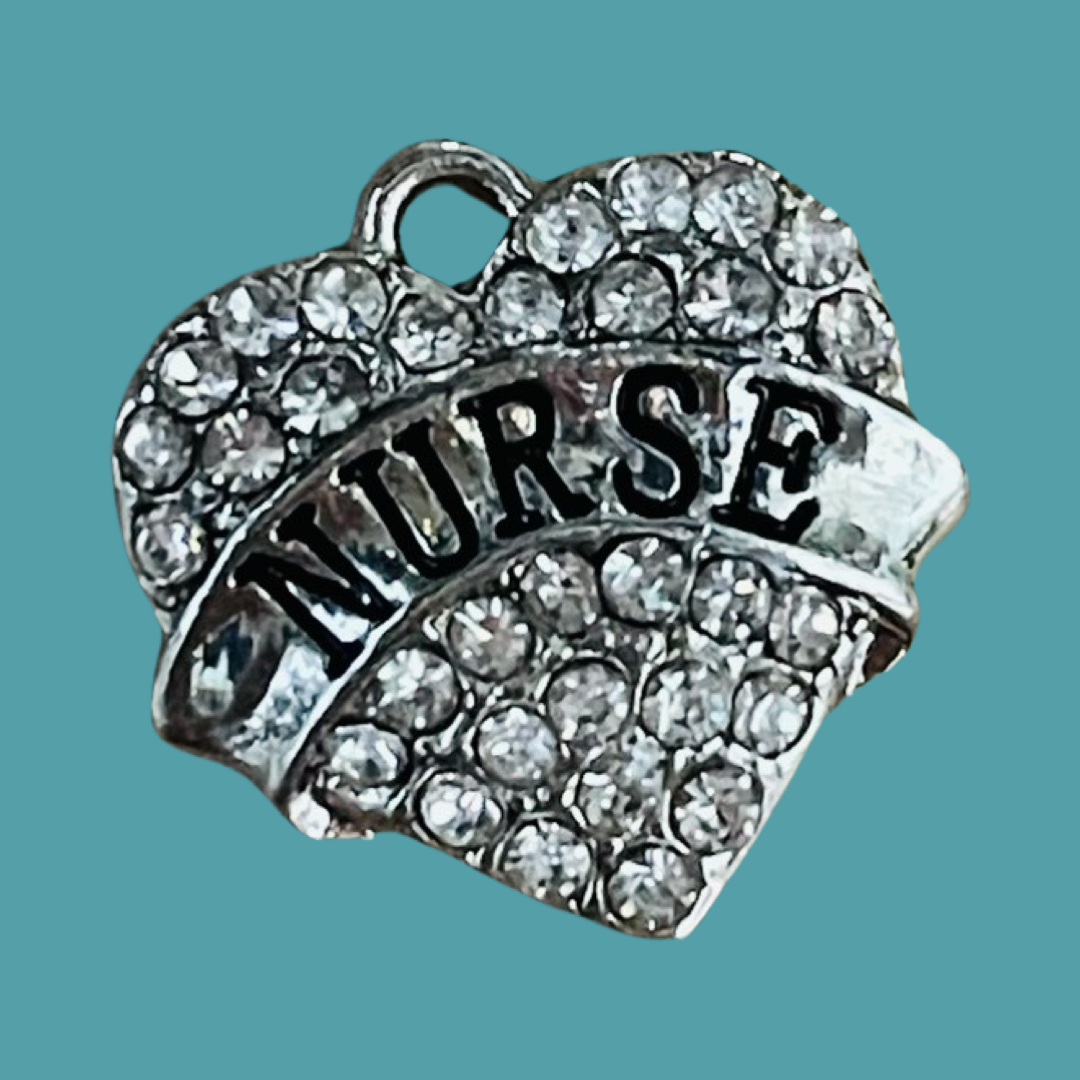 CHARM HEART SILVER PLATE NURSE WITH RHINESTONES 1 PC