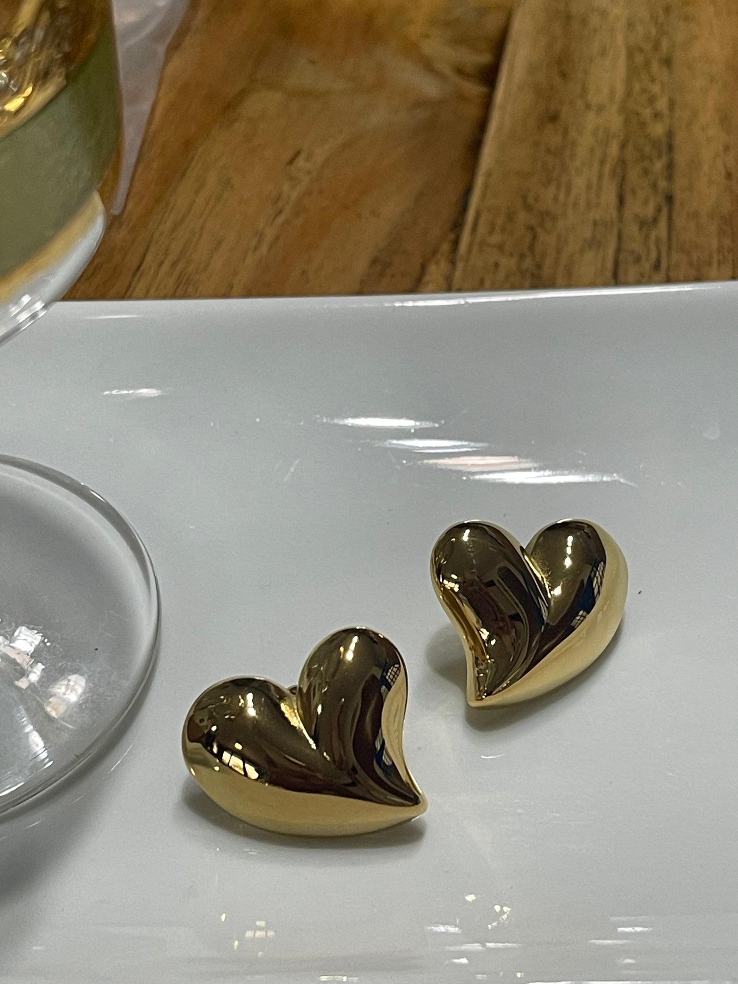 STUD EARRING CHUNKY HEART STAINLESS STEEL GOLD 1 PAIR