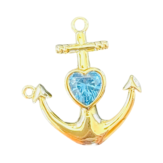 CHARM ANCHOR GOLD PLATE 18KT 23 MM BLUE CUBIC ZIRCONIA HEART 1 PC