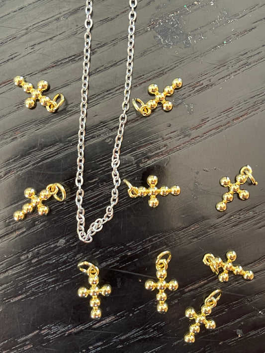 SMALL CROSS CHARM WHITH  GOLD BEADS 9X14MM 1 PC