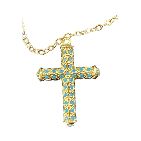 CROSS PENDANT GOLD PLATE 18KT MICROPAVE TURQUOISE 21X29MM 1 PC