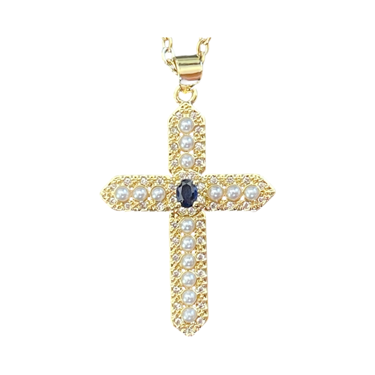 CROSS WITH PEARLS AND CUBIC ZIRCONIA 24X35MM GOLD PLATE 18KT 1 PC