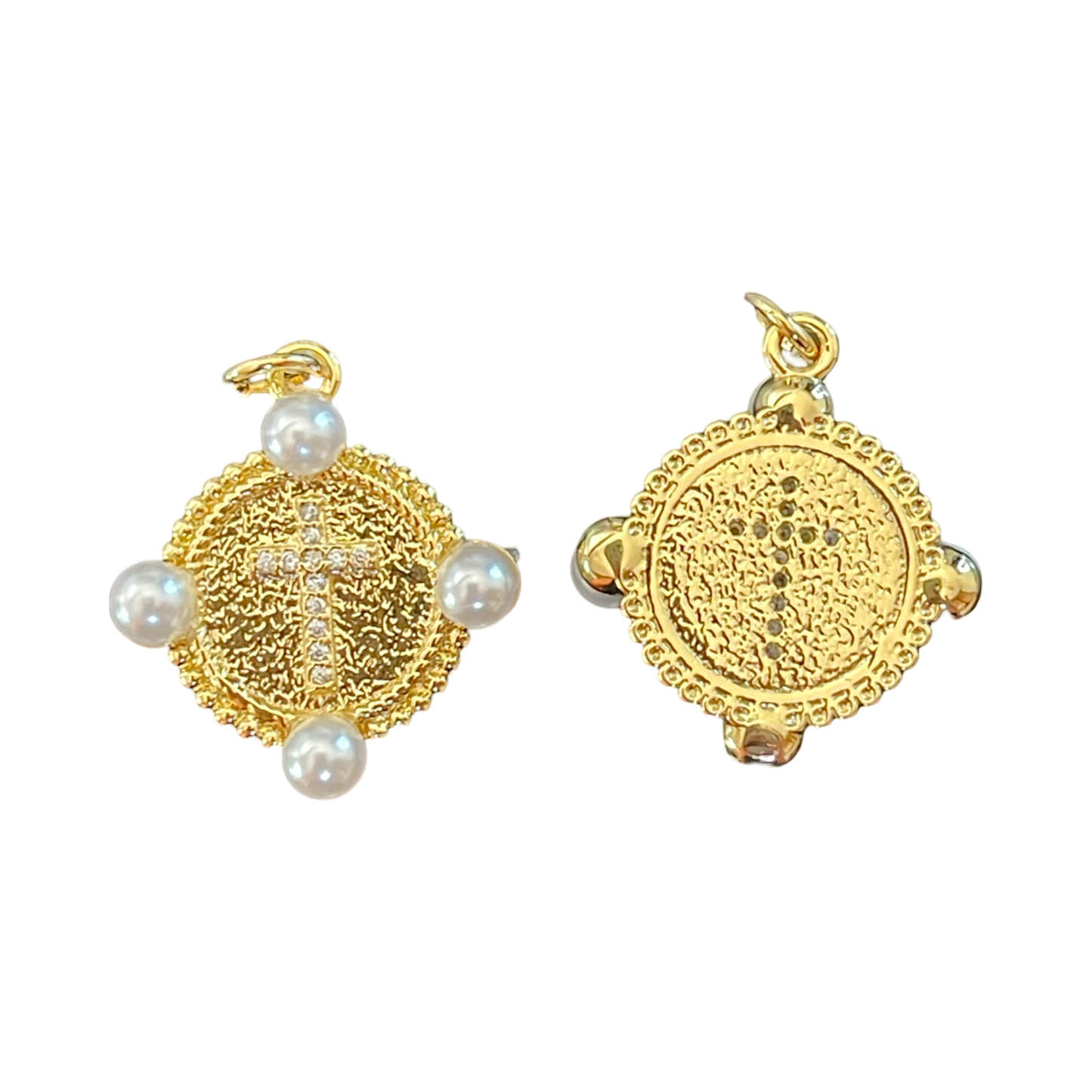 PENDANT ROUND GOLD PLATE CROSS AND PEARLS 1 PC