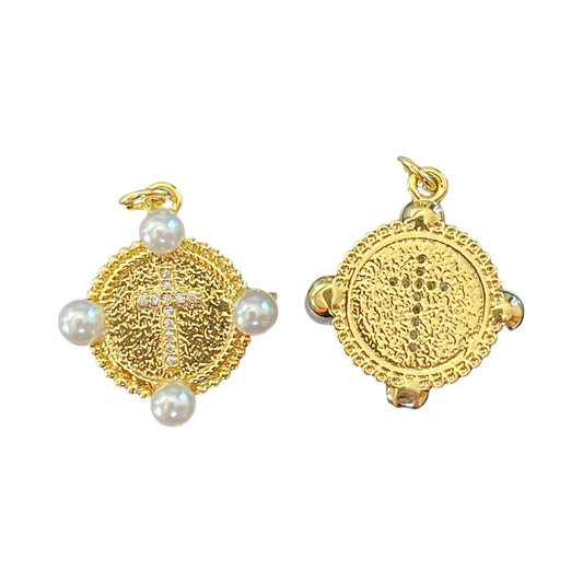 PENDANT ROUND GOLD PLATE CROSS AND PEARLS 1 PC