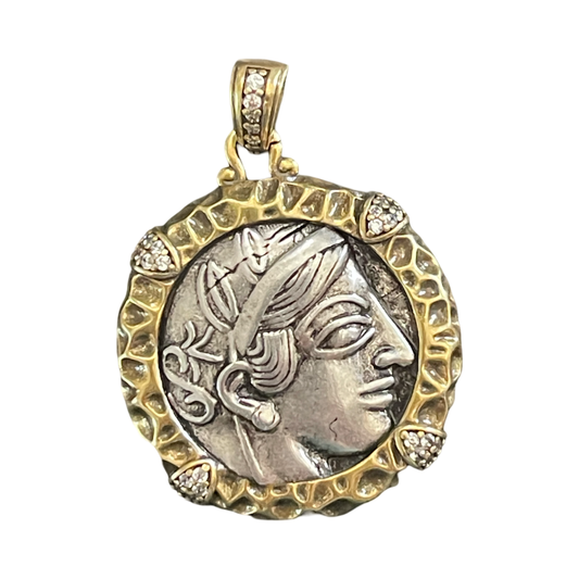 MEDAL COIN PENDANT ANTIQUE SILVER AND GOLD 30X35MM