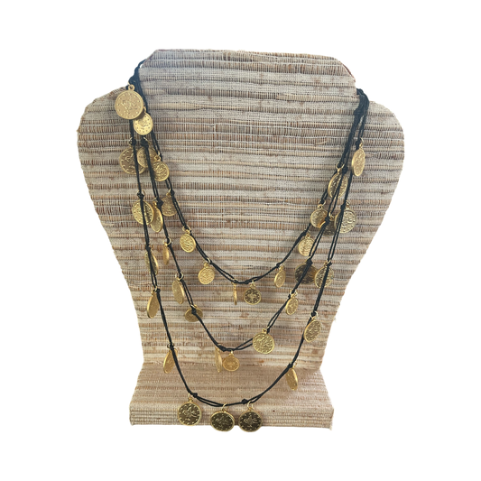 NECKLACE MATTE GOLD COINS BLACK CORD