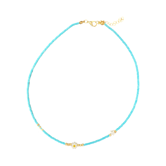 NECKLACE MICRO SEED BEADS GOLD AND TURQUOISE 1 PC