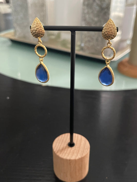 DROP EARRINGS MATTE GOLD DRAK BLUE STONE DROP 1 PAIR