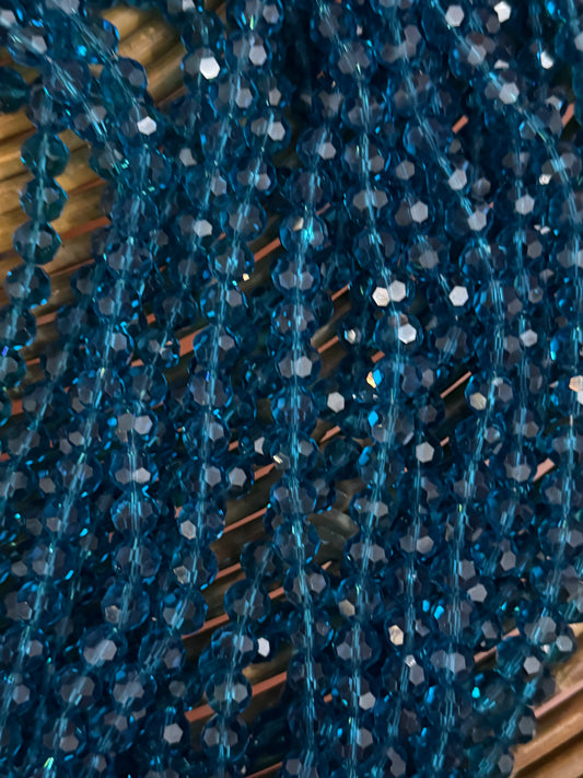 GLASS RONDELLE 10 MM  ROUND FACETED DARK TURQUOISE 1 STRAND
