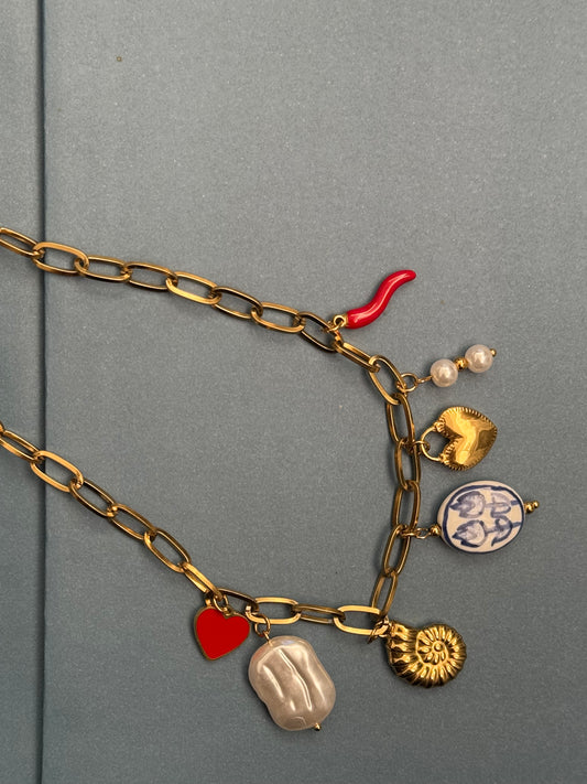 NECKLACE PAPERCLIP GOLD PLATED 18KT CHAIN WITH CHARMS